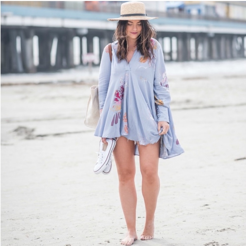 FREE PEOPLE Field of Butterflies Tunic Top / Dress / Cover-up Long Sleeve Blue S